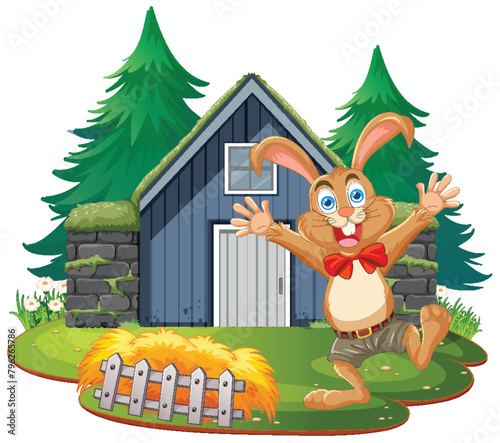 Happy cartoon rabbit in front of a small house