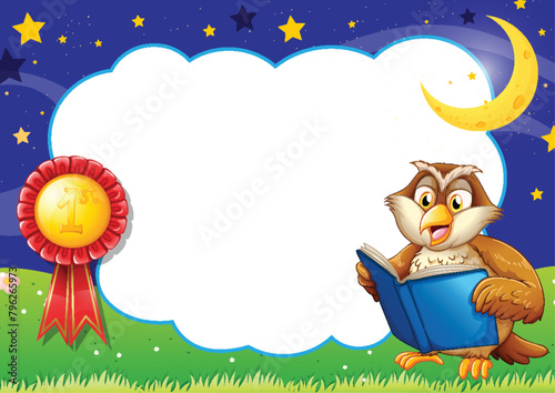 Cartoon owl reading a book at night outdoors.