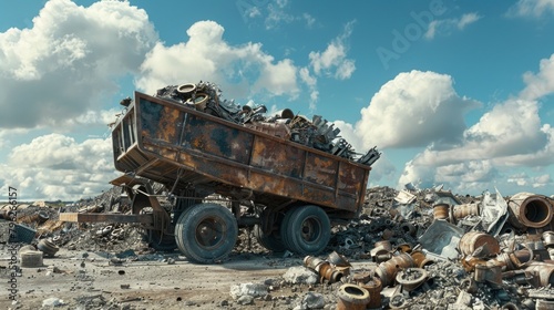 A dump truck parked in a pile of rubble. Suitable for construction and industrial concepts