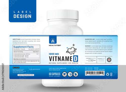 Dental food supplement multi vitamin label sticker oral design, bottle jar teeth product packaging.