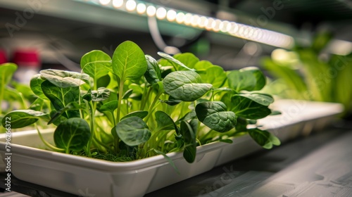 Experts studying spinach cultivation with sophisticated technology in a hi-tech greenhouse lab, striving for sustainable food production. photo