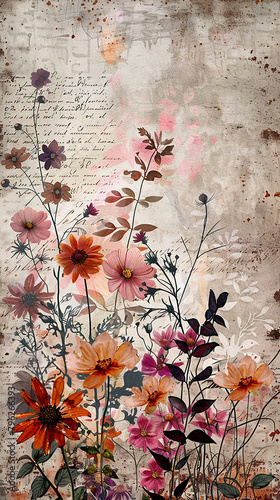 Vintage wallpaper watercolor  wildflowers and leaves. AI generative.