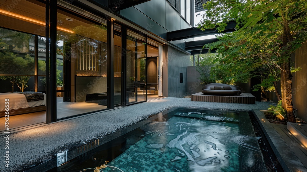 A luxury spa retreat with minimalist design, tranquil water features, and soothing aesthetics
