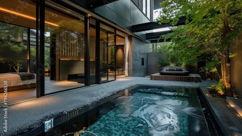 A luxury spa retreat with minimalist design  tranquil water features  and soothing aesthetics