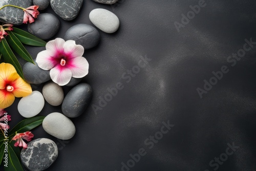 Spa concept with pebbles and vibrant flowers on black background. Copyspace