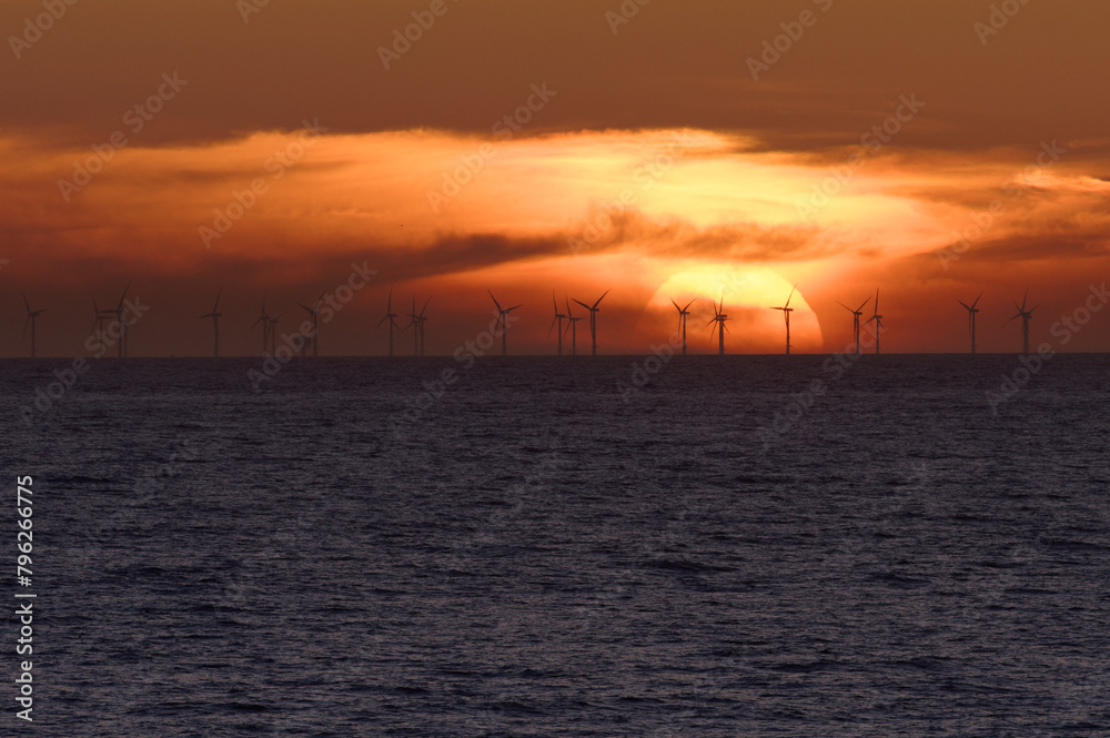 Wind farm on the sea at sunset. North Holland,