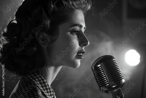 Woman from the 1940s-50s singing on stage. AI generative.