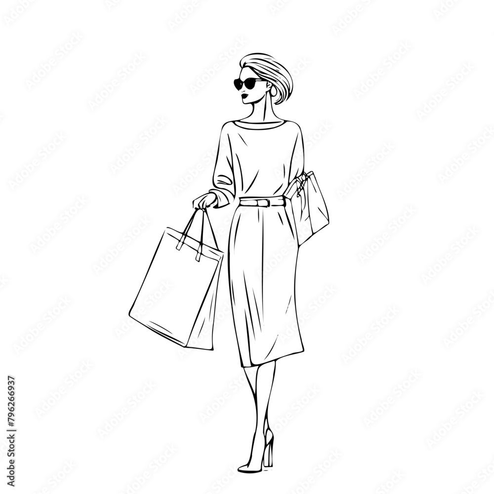 woman is holding shopping bags and wearing sunglasses. She is walking down the street. Concept of leisure and relaxation, as the woman is dressed casually and he is enjoying her shopping trip