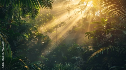 Sunlight streaming through the canopy of a dense jungle at sunrise, illuminating the lush greenery below