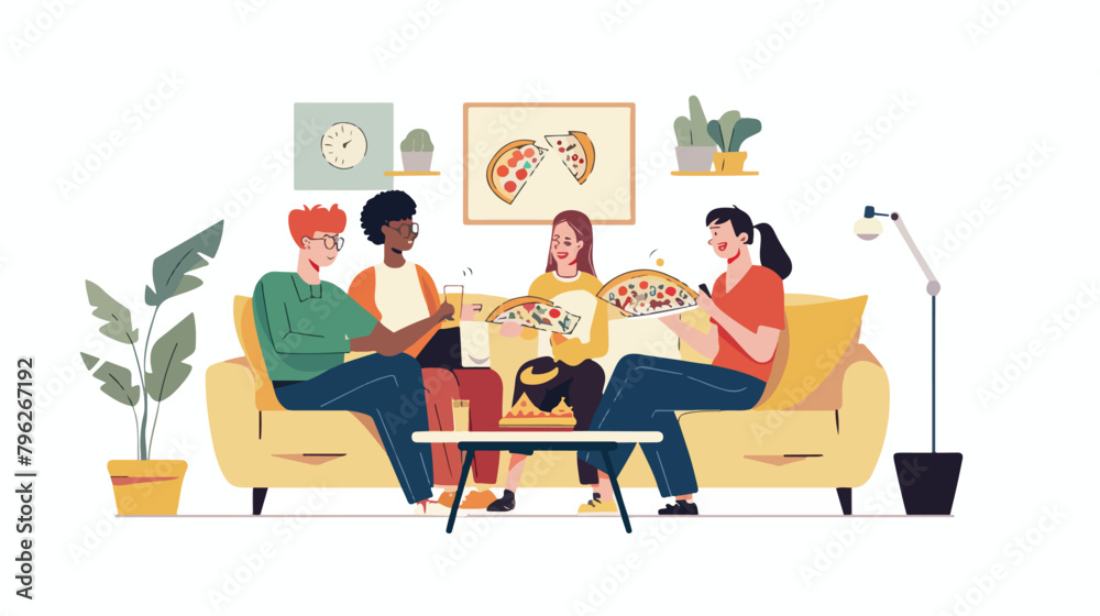 Young women men sitting on sofa and eating pizza in t