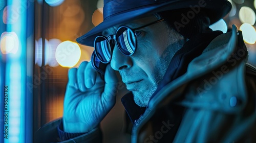 Undercover spy evading detection in a high-stakes operation. Detective, secret agent, intelligence, jacket and hat, disguise, wiretapping, FBI, professional at work, mysterious man. Generative by AI photo