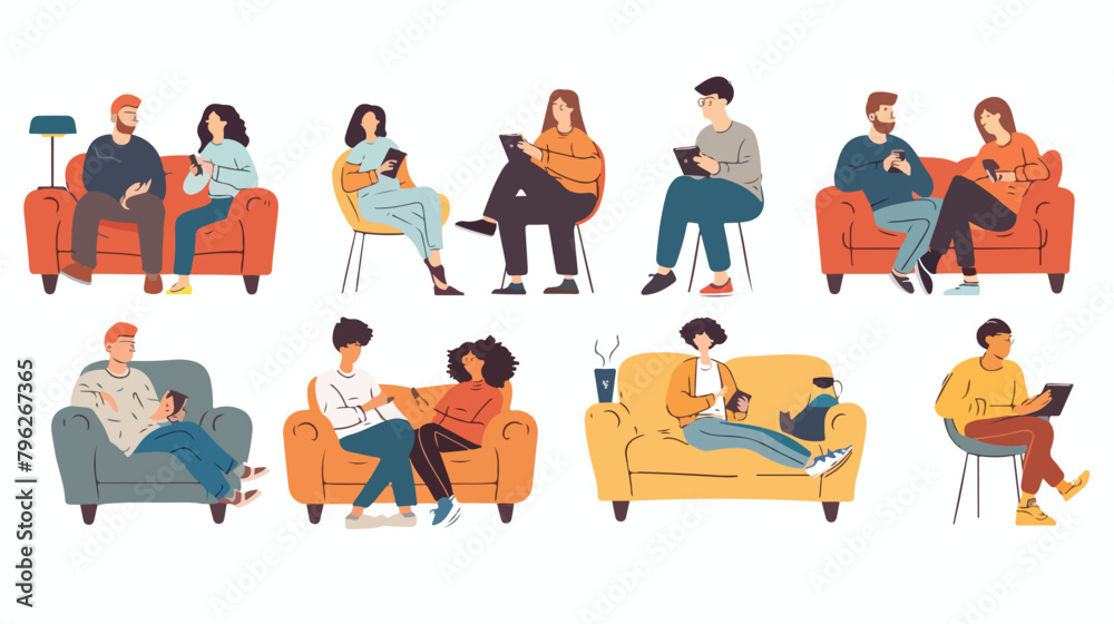 Young women men sitting on sofa and look at gadgets illustration