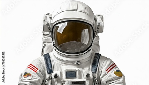 Astronaut in full gear with intricate spacesuit details, set against a neutral white backdrop, in high-resolution clarity for space exploration concepts