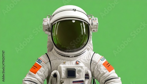 Astronaut in full gear with intricate spacesuit details, set against a neutral green backdrop, in high-resolution clarity for space exploration concepts