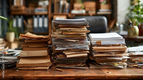 An Office Desk Overflowing with Paperwork. Concept Office Chaos, Paper Piles, Desk Organization, Stressful Work Environment, Overwhelmed Workspace