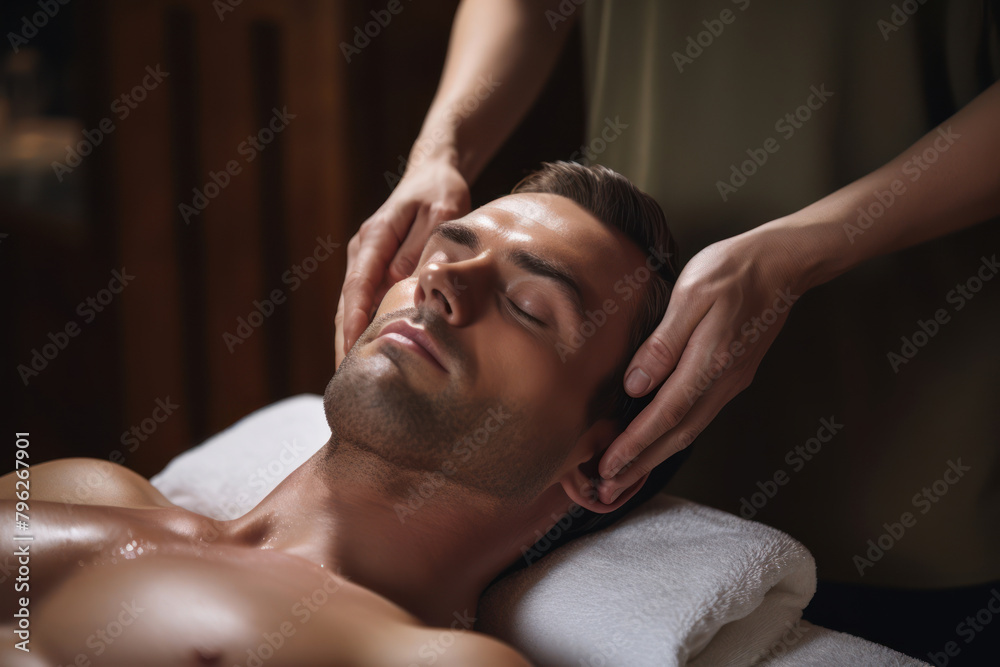 Man enjoying a professional head massage at a spa Man enjoying a professional head massage at a spa