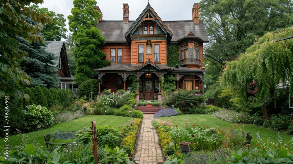  charming historic home with intricate architectural details, surrounded by a manicured garden. 
