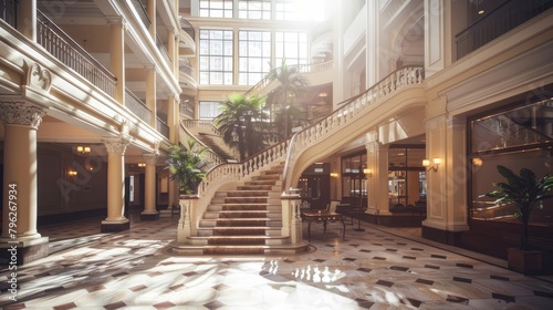 Hotel atrium with grand staircase and natural light flow. Arthouse, interior, rich and presentable appearance, foyer, marble, hostel. Advertising image concept for hotels. Generative by AI