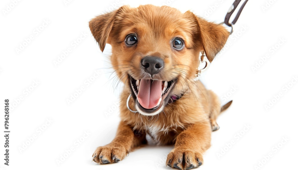 Energetic dog leashed, bark frozen in time on white background, capturing primal instinct Energetic dog leashed, bark frozen in time on white background, capturing primal instinct