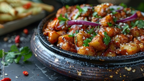 Vibrant Gobi Manchurian: Illuminating the Exciting Street Food Scene. Concept Street Food Culture, Asian Fusion Delights, Bold Flavors, Food Photography, Culinary Adventure photo