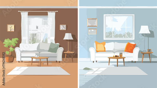 Living room before and after cleaning. Flat style Vector