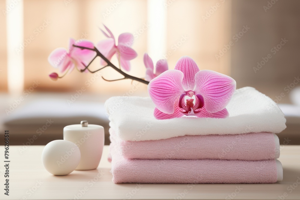 Neatly stacked spa towels with fresh flowers and candle Neatly stacked spa towels with fresh flowers and candle