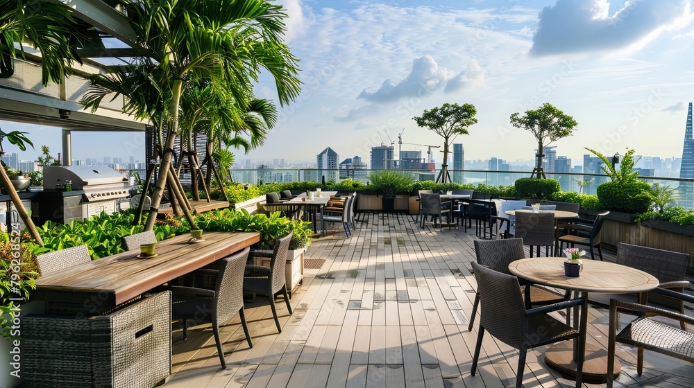 Obraz premium Roof garden with panoramic city views and barbecue. Greenery, exterior, eco-friendly, plants, fresh air, relaxation, landscape, skyscrapers. Advertising image concept for hotels. Generative by AI