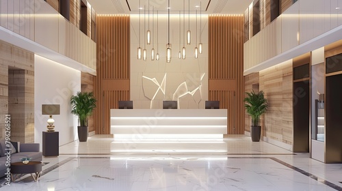 The hotel lobby features an elegant reception desk and modern interiors. Comfort, minimalism, tiles, marble, reception, luxury, main hall. Advertising image concept for hotels. Generative by AI