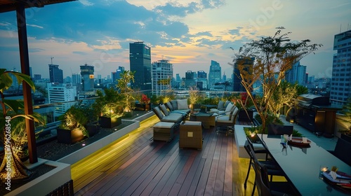 Roof garden with panoramic city views and barbecue. Greenery, exterior, eco-friendly, plants, fresh air, relaxation, landscape, skyscrapers. Advertising image concept for hotels. Generative by AI © Татьяна Лобачова