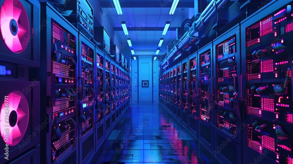 Digital currency mining farm with rows of mining rigs