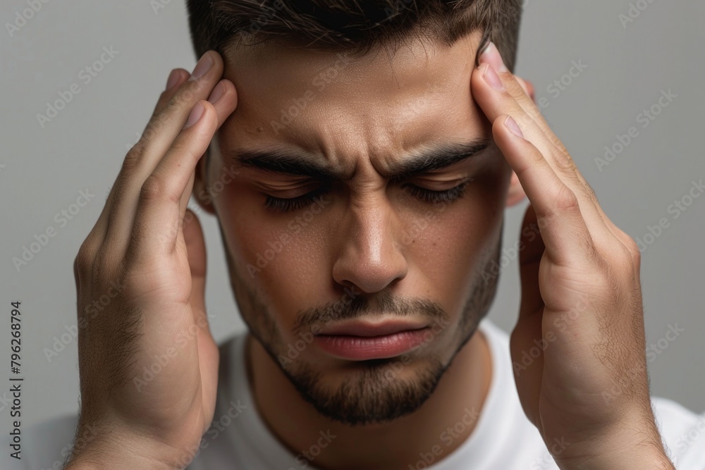 A man looking stressed while holding his head in his hands. Suitable for illustrating stress and mental health concepts A man looking stressed while holding his head in his hands. Suitable for illustrating stress and mental health concepts
