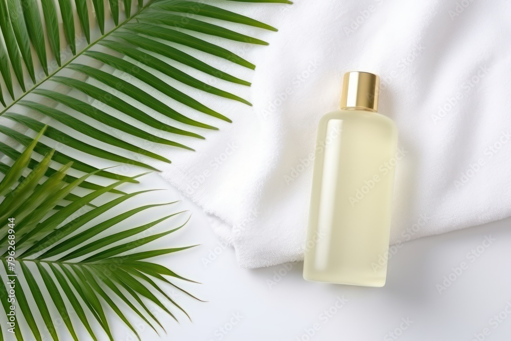 Spa concept - glass bottle on soft white fabric with tropical palm leaf