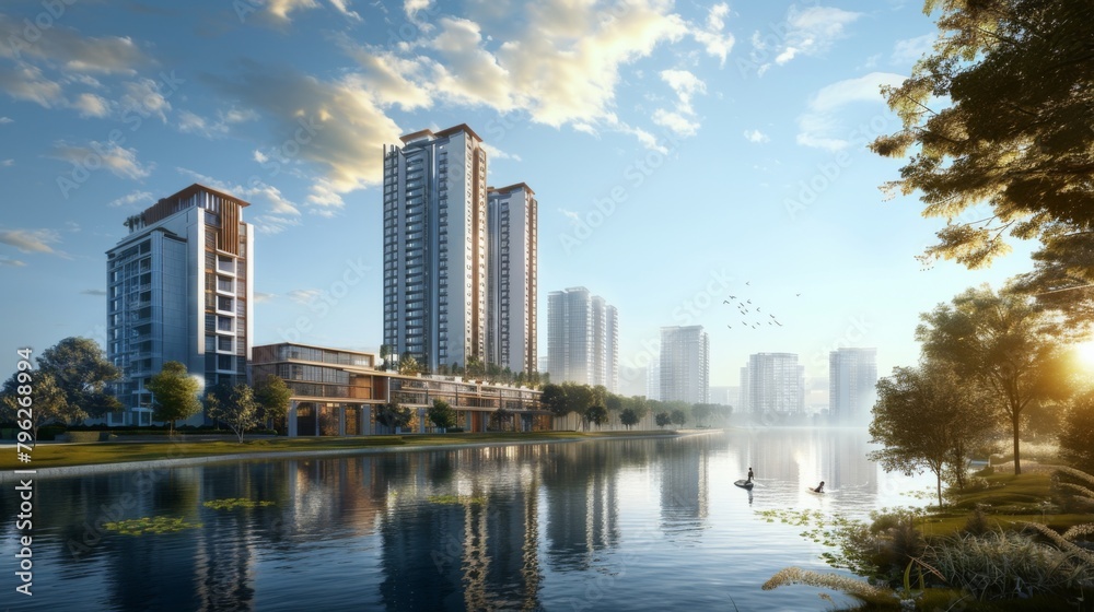 The dynamic intersection of a modern high-rise and a serene riverbank, capturing the essence of urban life and natural beauty.