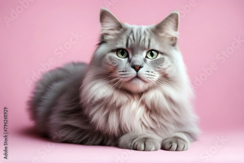 'concept cat gray pastel pink lays isolated copyspace background pet cute portrait looks fluffy lying domestic grey orange adult beautiful1 pose animal kitten felino big young whisker mammal breed'