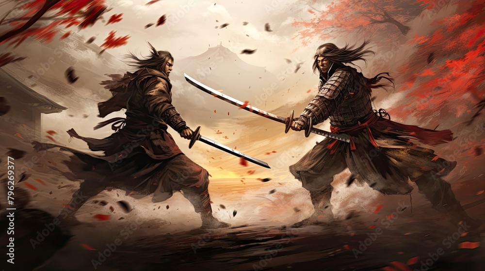 Legendary samurai duel between two skilled warriors. Painting in Japanese style, sword fighting. Japanese aesthetics, plate armor, affair of honor. Battle concept. Generative by AI Legendary samurai duel between two skilled warriors. Painting in Japanese style, sword fighting. Japanese aesthetics, plate armor, affair of honor. Battle concept. Generative by AI