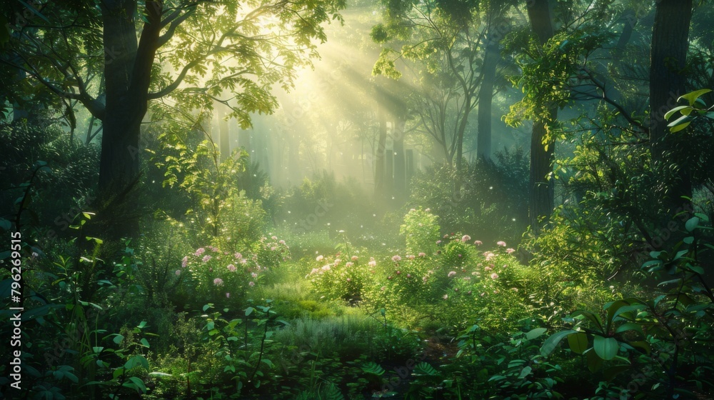 Fototapeta premium The first light of dawn filters through the branches of a dense forest, illuminating the lush undergrowth and awakening the woodland to a new day.