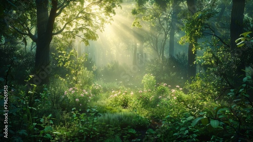 The first light of dawn filters through the branches of a dense forest  illuminating the lush undergrowth and awakening the woodland to a new day.