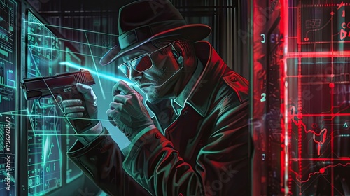 A mysterious agent in a hat, glasses and a jacket secretly transmits encrypted data, tracking down criminals, special agent, abstract image. Matrix concept, cyber space. Generative by AI