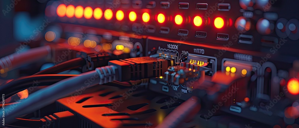 A close up of a network switch with cables plugged in. A close up of a network switch with cables plugged in.
