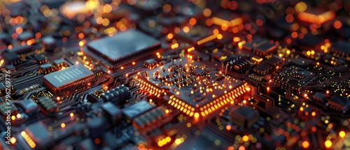 A close up of a computer chip with orange glowing lights.