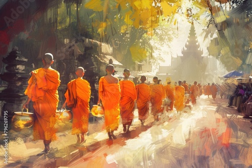 Group of monks walking down a street, suitable for religious or cultural themes photo