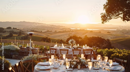 Outdoor wedding reception with panoramic sunset views. Marriage, no one there, comfort, holiday, feast, newlyweds, starting a family, nature. Concept of starting a life together. Generative by AI