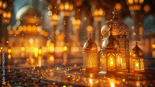 Celebratory Eid Mubarak decor with golden domes and geometric patterns