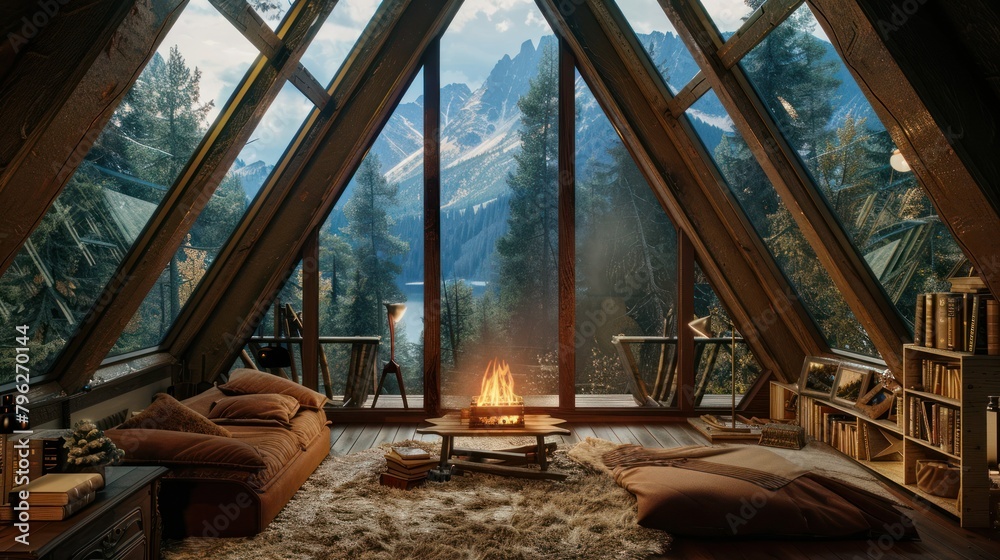 Fototapeta premium cozy A-frame cabin nestled in the woods, with a crackling fireplace and a view of the mountains. 