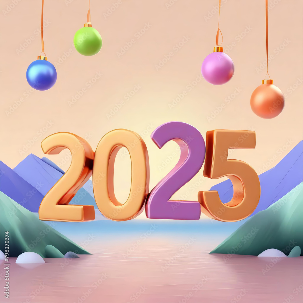 3d illustration year 2025 with large golden and purple numerals, set against a pastel-colored background