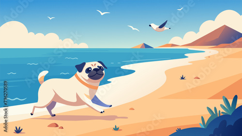 At the beach a playful pug runs in and out of the waves chasing seagulls and digging in the sand alongside his beaming owner. They are both © Justlight