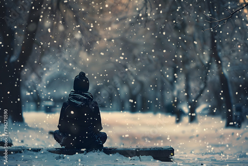 Quiet early morning meditation in a snowy park, the world hushed and still, save for the gentle fall of snowflakes
