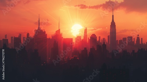 The sun rises behind a city skyline, casting a warm glow over the urban landscape and signaling the start of a new day's hustle and bustle.