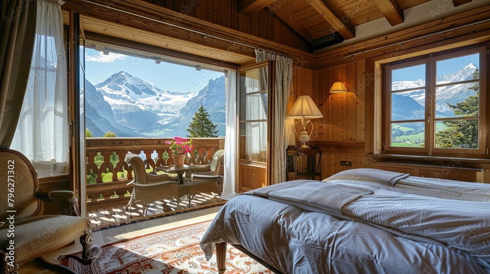 This hotel suite features a private balcony and mountain views. Luxury, splendor, fresh air, nature, vacation, landscape, high in mountains. Advertising image concept for hotels. Generative by AI