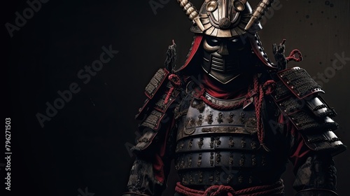 Traditional samurai standing proudly in full armor. Japanese aesthetics, cosplay, costume, fighter, plate armor, antiquity, lone warrior. Military concept. Generative by AI © Татьяна Лобачова